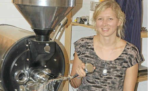 Amelia Franklin with her Turkish coffee roasting machine. Amelia Franklin with her Turkish coffee roasting machine.
